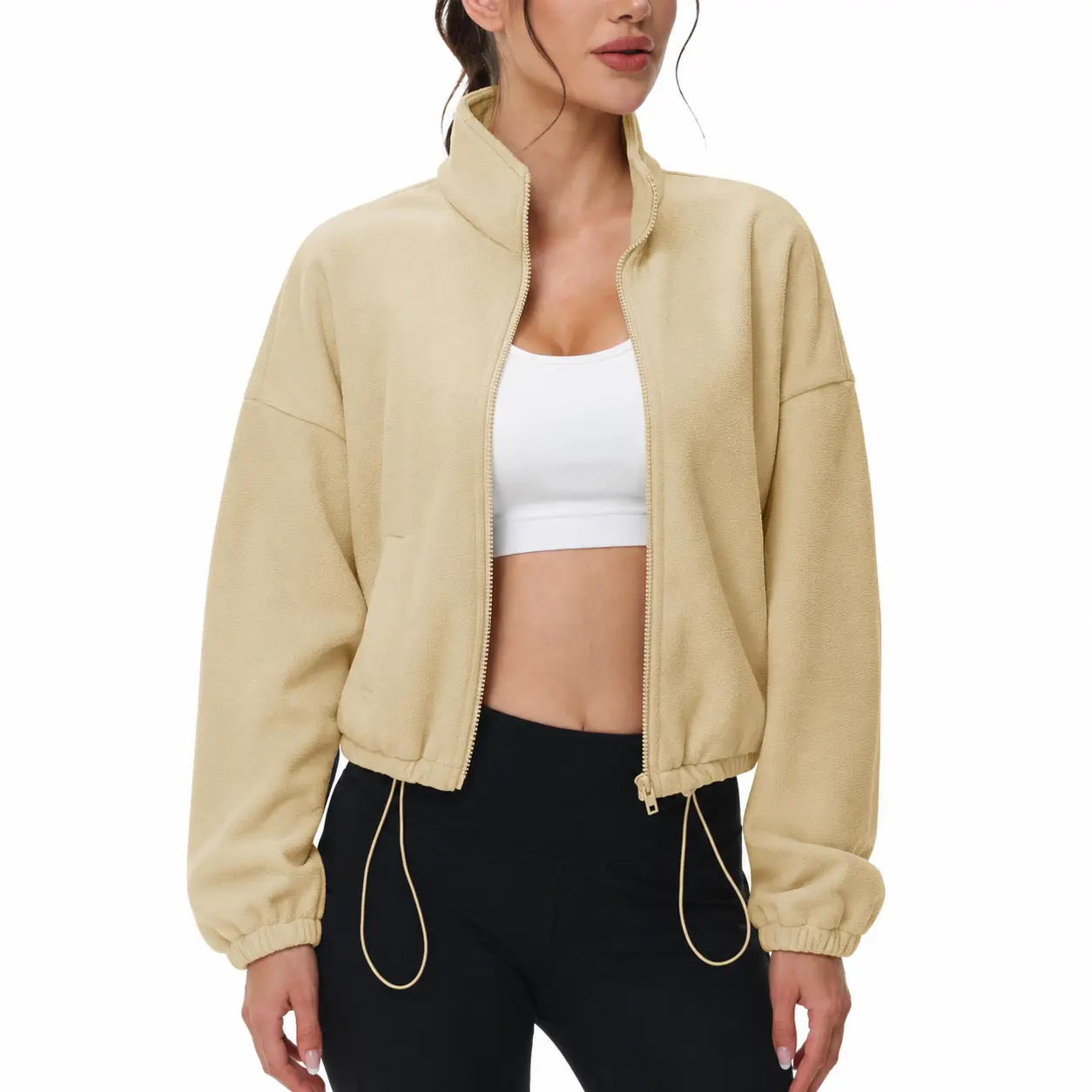 Cotrasen Women's Full Zip Fleece Jacket Cropped Warm Winter Coats with Pockets Stand Collar Workout Top Drawstring Hem Fathersdaygift