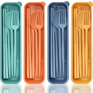 Reusable Travel Utensils with Case, 4 Sets Wheat Straw Portable Cutlery Set Chopsticks Knives Fork and Spoon for Lunch Box Accessories, Camping Flatware Sets for Daily Use or Outdoor