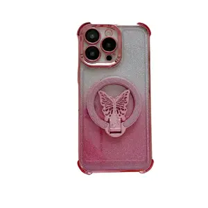 Magnetic Glitter Butterfly Handheld Cellphone Casing, Shockproof 4-Corner Airbag Full Protection Case with Screen Protector, Elegant Design for IP 17 Pro Max/16 Pro Max/15/14/13, Mobile Phone Accessories