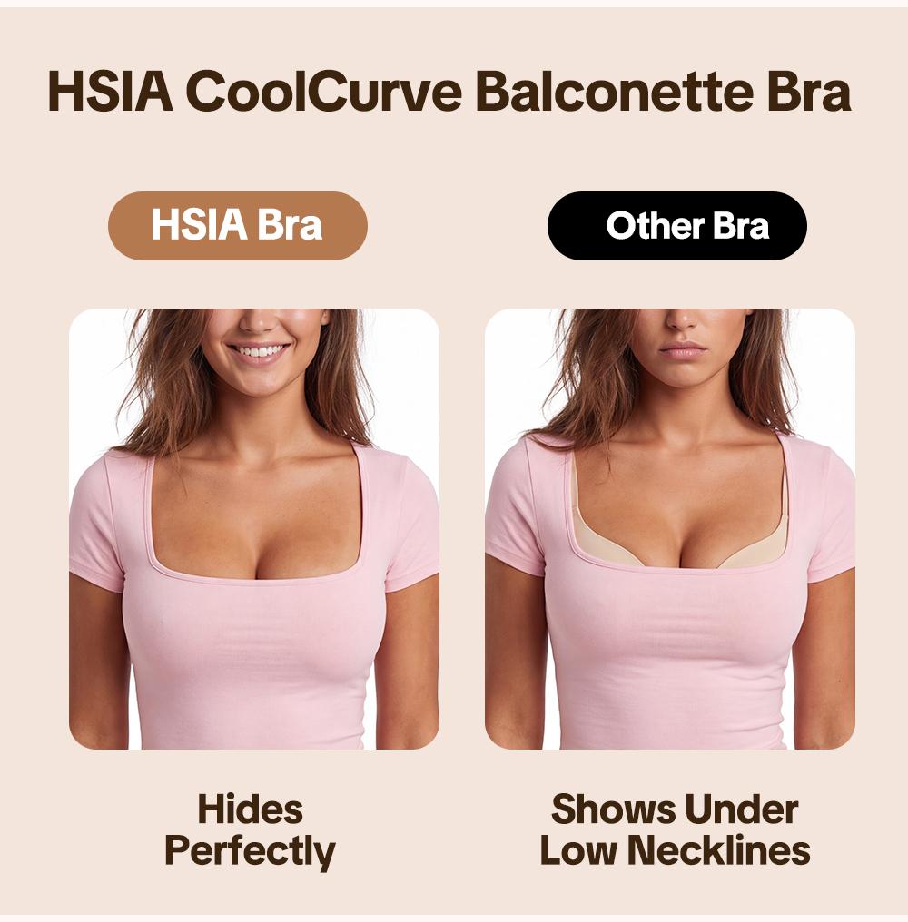HSIA CoolCurve Unlined Plus Size Ice Silk Cooling 3D Curved Flexible Double Layer Cup Low Cut Balconette Bra Underwire Support Seamless Free Cut Scoop Square Neck  Anti Spillage No Gapping Lightweight Side Smoothing Women Everyday Bra