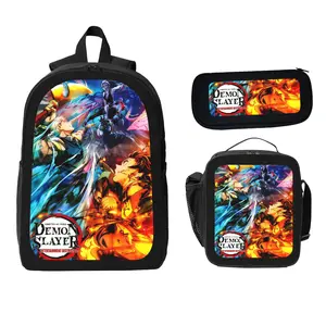 Demon Slayer Theme Backpack 3-Piece Set - Student Backpack Pencil Case & Lunch Bag Bundle with Vibrant Anime Design