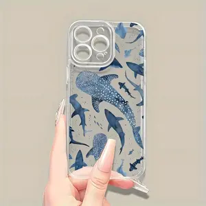 Phone Case - 1pc of Blue Watercolor Shark Ocean Pattern Phone Case, Compatible with Iphone 16 15 14 13 12 11 X Pro Max Plus Mini, Soft TPU Protective Phone Cover