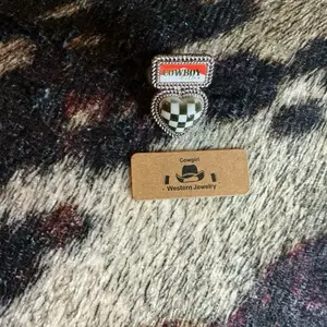 Cowgirl Western Jewelry Red Black & White Cowboy Western Style Adjustable Ring with Checkered Design
