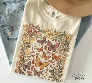 Comfort Colors Vintage Pressed Flowers and Butterfly Shirt, Boho Cottagecore Shirt, Botanical Floral Tee Wildflowers Shirt Gift for Gardener Floral Shirt