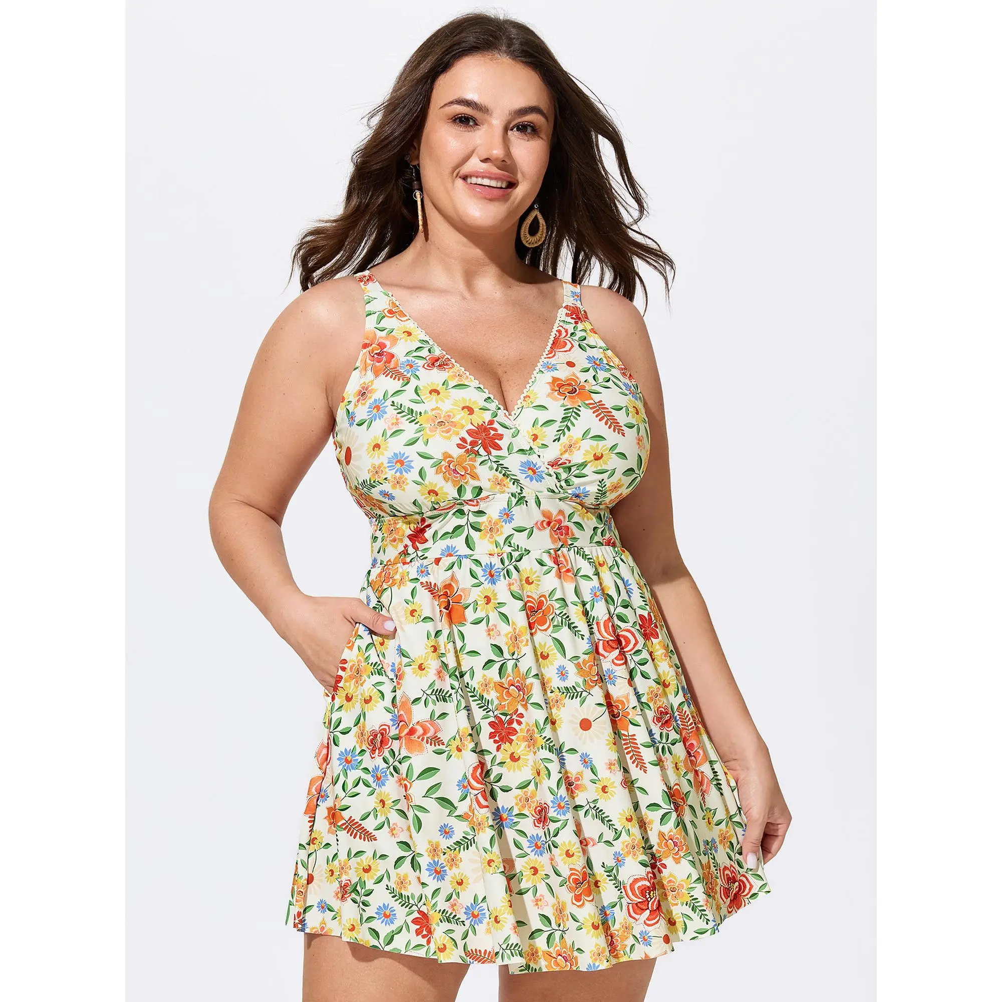 BloomChic Plus Size Floral Polyester Tunic Swim Dress with Built-in Bottoms, Adjustable Straps, and Anti-Float Tie, Elastane, Cold Wash, Hip-Flattering, Machine Washable, No-Pocket, 14-16/1X, Floral Patchwork Dress, Female Swim, Poolside Wear