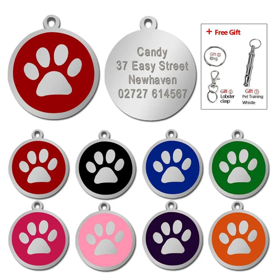 Customized Dog ID Tag Pet Personalized Tags Engraved Round Paw Pet Nameplate Pendant For Dogs &amp; Cats With Free Gift Whistle