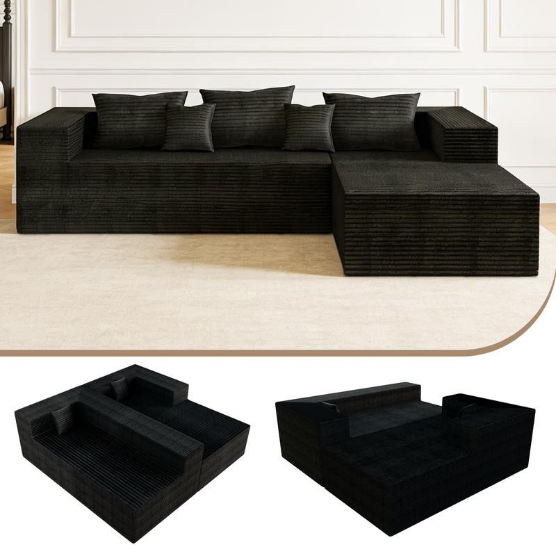 【2 Packages Shipping】Boneless Compression Sofa Bed - Modular Sofa, 105-inch Extra Large L-shaped Corner Sofa, No Assembly Required, Space-Saving, Memory Foam Seating, Suitable for Living Room and Bedroom, Black