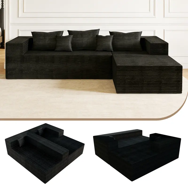 【2 Packages Shipping】Boneless Compression Sofa Bed - Modular Sofa, 105-inch Extra Large L-shaped Corner Sofa, No Assembly Required, Space-Saving, Memory Foam Seating, Suitable for Living Room and Bedroom, Black