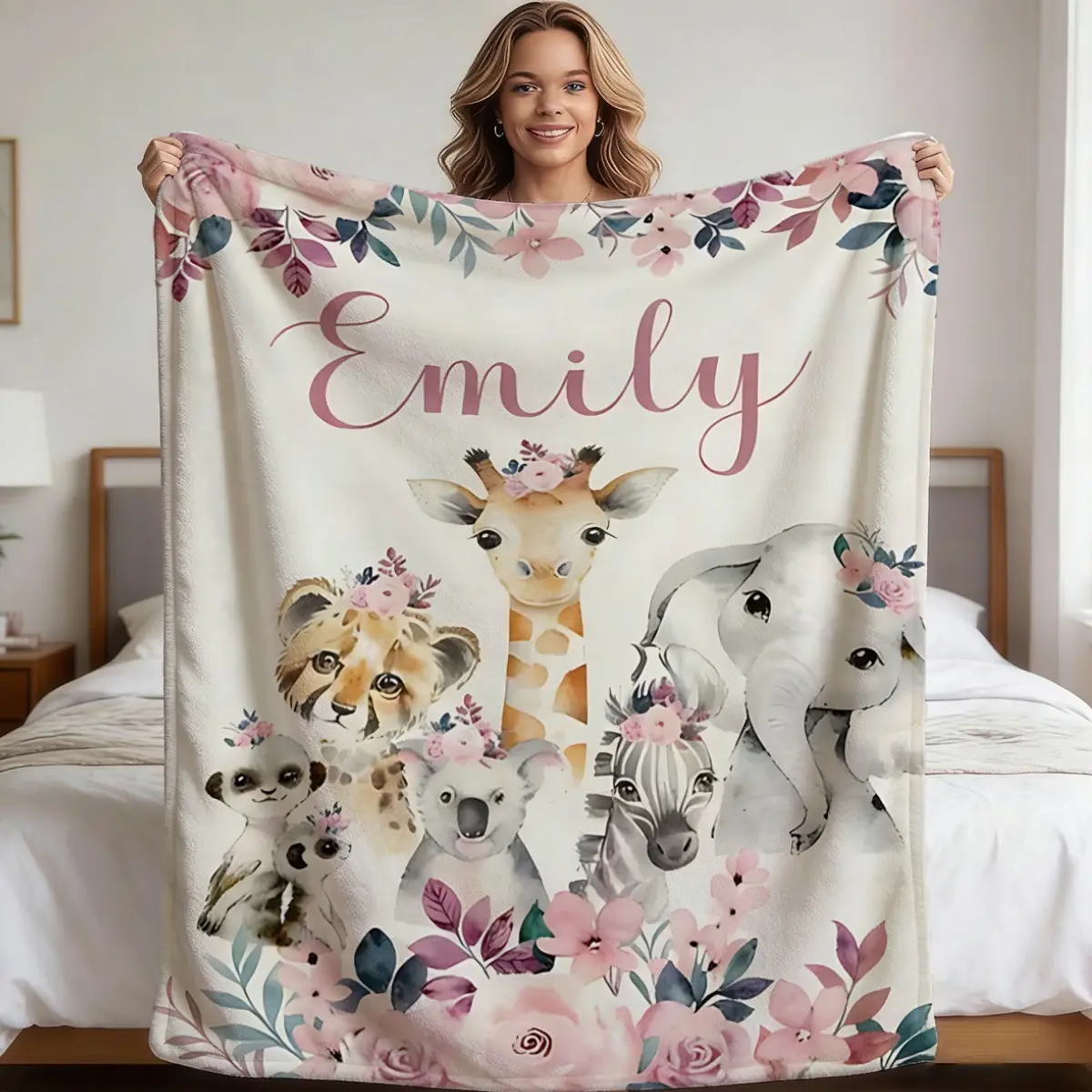 Custom Name Flannel Blanket with Cute Animal Watercolor Pattern - Soft And Warm, Personalized Shawl for Naps, Camping, And Travel - Perfect Gift for Friends, Family, And Lovers