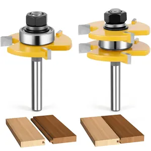 2PCS Tongue and Groove Router Bit Set, 3rd Gen. 1/4 Shank Router Bits for 3/4" Stock, 1/2" Cutting Depth, Adjustable 3 Teeth Shaker Cabinet Door Router Bits for Woodworking, Milling, Cutting