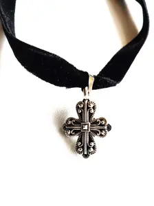 Cross Charm on an Adjustable Black Velvet Choker Necklace 14"