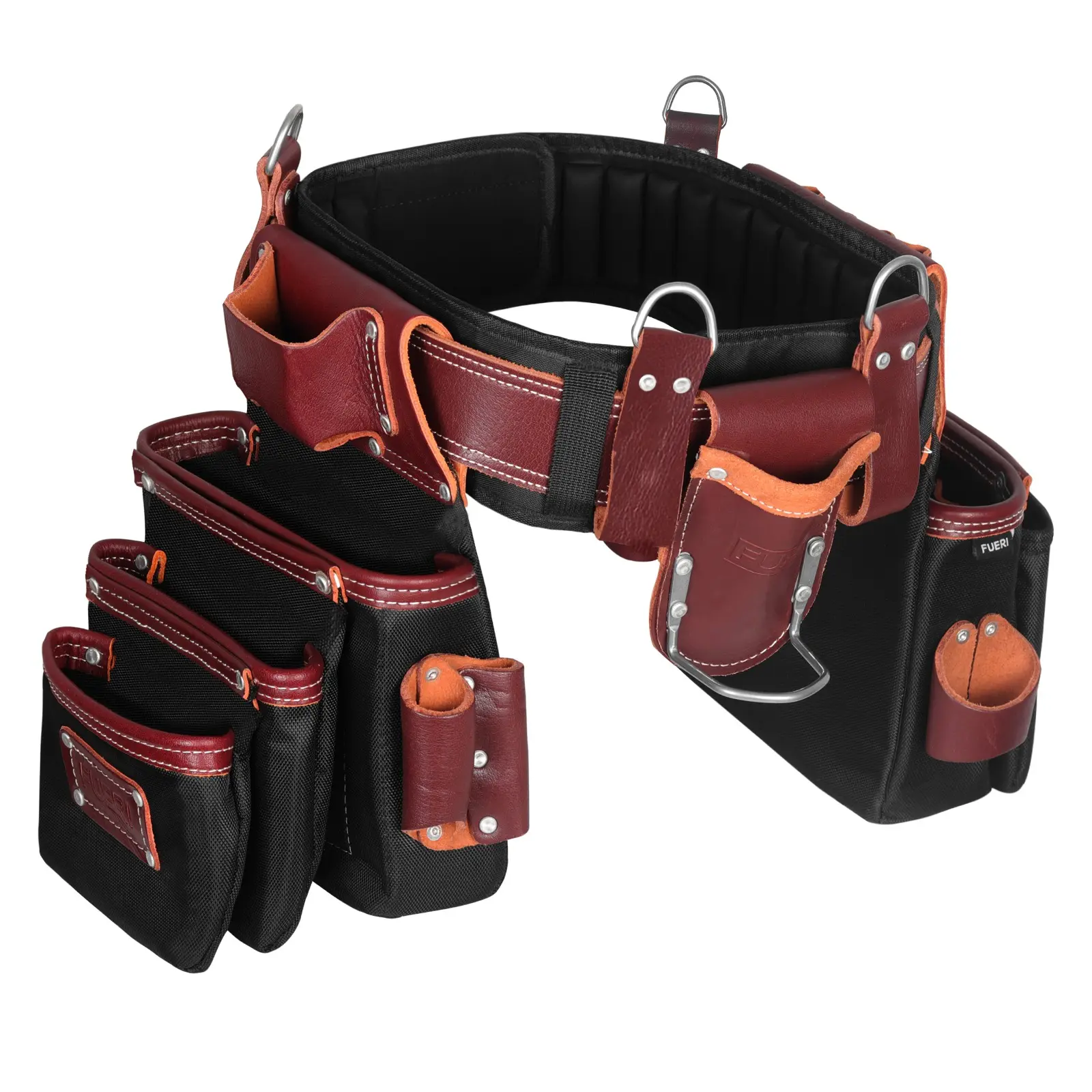 FUERI Tool Belt for Men, Heavy Duty Tool Bag Nylon and Leather 26 Pockets Maroon and Black comes with Comfort Padded Belt,Spacious Pouches,Hammer Holder and Suspender Loops for Carpenter Construction Electrician Tool Bag