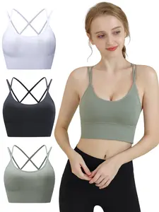 3 Pack Strappy Cross Back Sports Bra for Women Padded Seamless Workout Yoga Running Bra Medium Support Four-Way Stretch Breathable Fabric Removable Pad Fitness Clothes workout sets women sports bra women gym stuff women