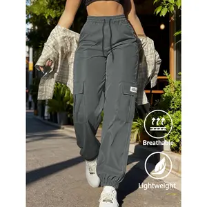 Women's Solid Color Non-Stretch Cargo Pants - Drawstring Waist, Roomy Utility Pockets, Streetwear Trousers for Sports, Daily Wear, Slogan