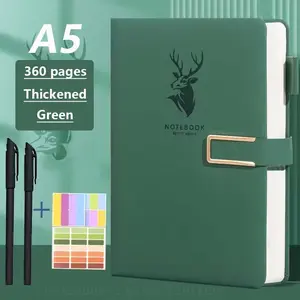 A5 Magnetic Closure Notebook Set with Thickened Paper - Hardcover Planner Binder, 2 Pens & Stickers (Book, Pens, Sticky Notes) for School, College, Office - Magnetic Bookmark System, Elastic Cover, Back-to-School Supplies Gift for Student Essentials Black