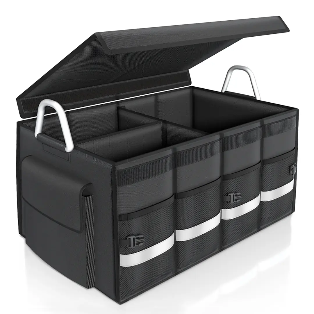 Trunk Organizer Cargo Organizer Trunk Storage Waterproof Collapsible Durable Multi Compartments with Foldable Hard Cover Aluminium Alloy Handle Reflective Strip (Large, Black) #Summervibes