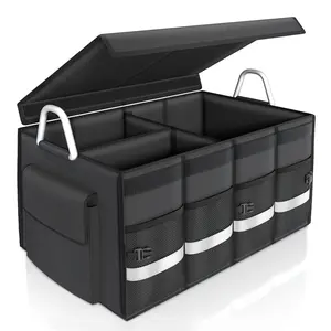 Oasser Trunk Organizer Cargo Organizer Trunk Storage Waterproof Collapsible Durable Multi Compartments with Foldable Hard Cover Aluminium Alloy Handle Reflective Strip (Large, Black)