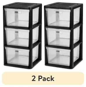 (2 pack) Sterilite 3 Drawer Tower, Plastic Storage Organizer with Removable Clear Bins, Easy to Assemble - No Tools Needed, Black