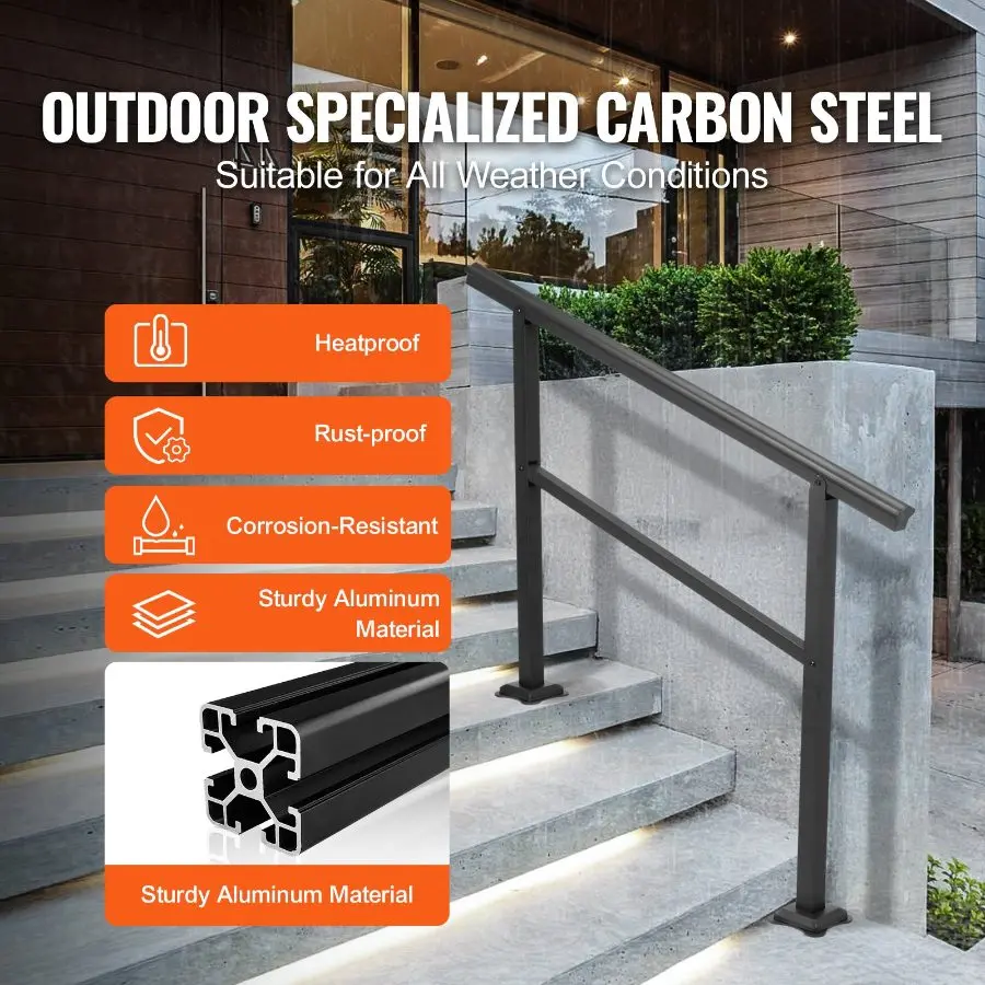 【Summerfinds】 VEVOR Handrail Outdoor Stairs 47.6 X 35.2 Inch Outdoor Handrail Outdoor Stair Railing Adjustable from 0 to 30 Degrees Handrail for Stairs Outdoor Aluminum Black Stair Railing Fit 3-4 Stepsdealsforyoudays