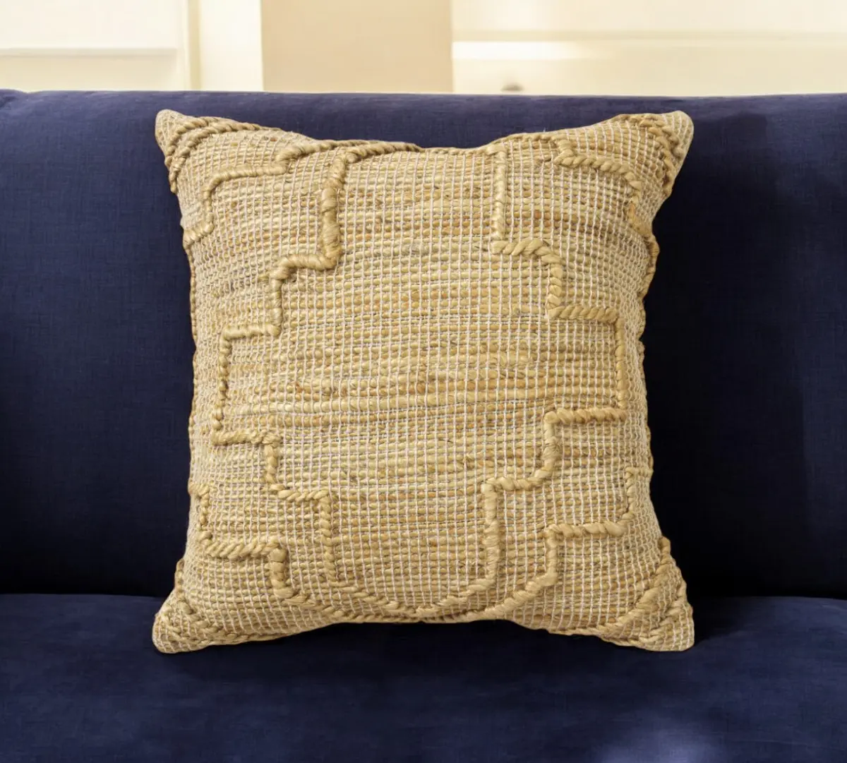 HomeRoots 22 in. Natural Trellis Jute Throw Pillow - Embroidered Accent Cushion for Sofa Cushion Decorations