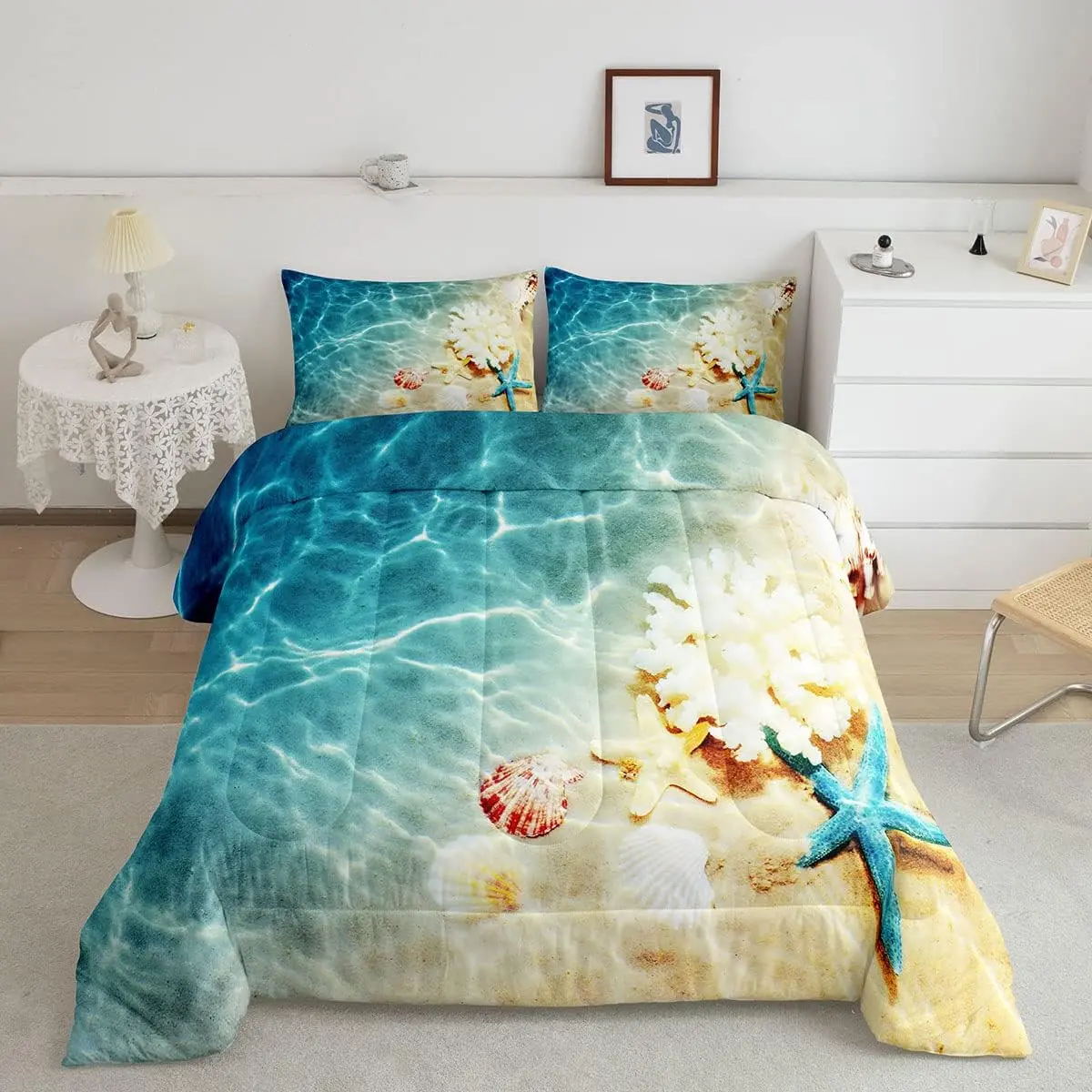 Feelyou Reversible Teal Coastal Comforter Set - Beach & Hawaiian Nature Themed with Sea Waves, Animals, Shells, Starfish - Bedroom & Decorative Bedding, Bedroom Bedding Set, Decorative Bedding Set