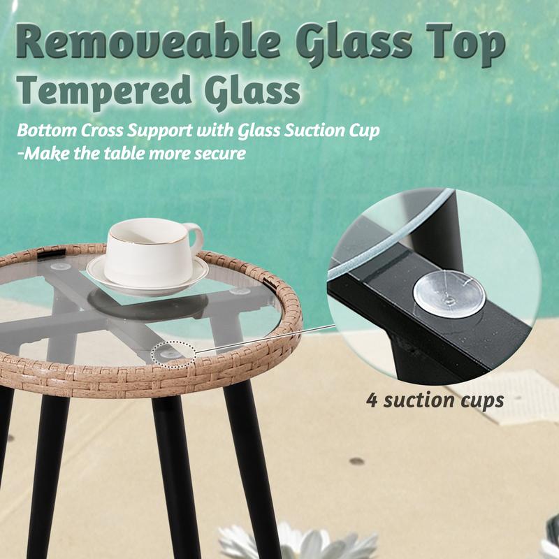 Ainfox 3-Piece Patio Bistro Furniture Set, Outdoor Wicker Rattan Chat Coversation w/Glass Top Table & Cushions for Porch, Backyard, Apartment, Balcony (Beige)