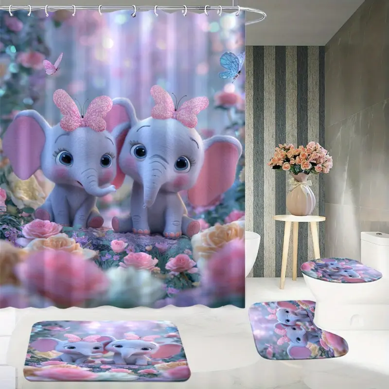 Charming Elephant Shower Curtain Set with Pink Floral Design - Polyester Fabric, Machine Washable, Includes Grommets and Hooks, Ideal for Bathroom Decor, Bathroom Accessories|Whimsical Decor|Polyester Fabric, Elephant Decor