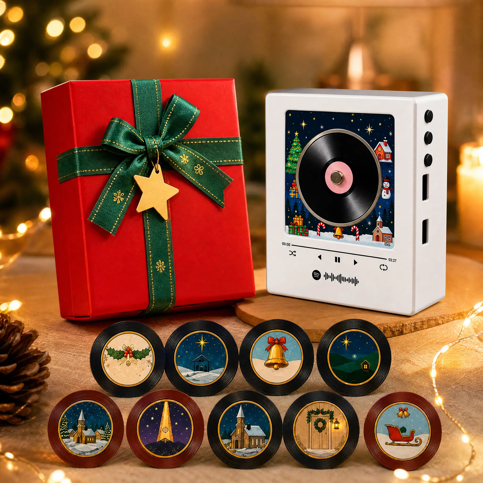 Decorative Small Plastic Christmas Magnetic Mini Record Player Music Box with Gift Box, 9 Custom MP3 Discs, Retro Vinyl Fridge Magnet, USB-C Upload, LED Light, Desk Decor