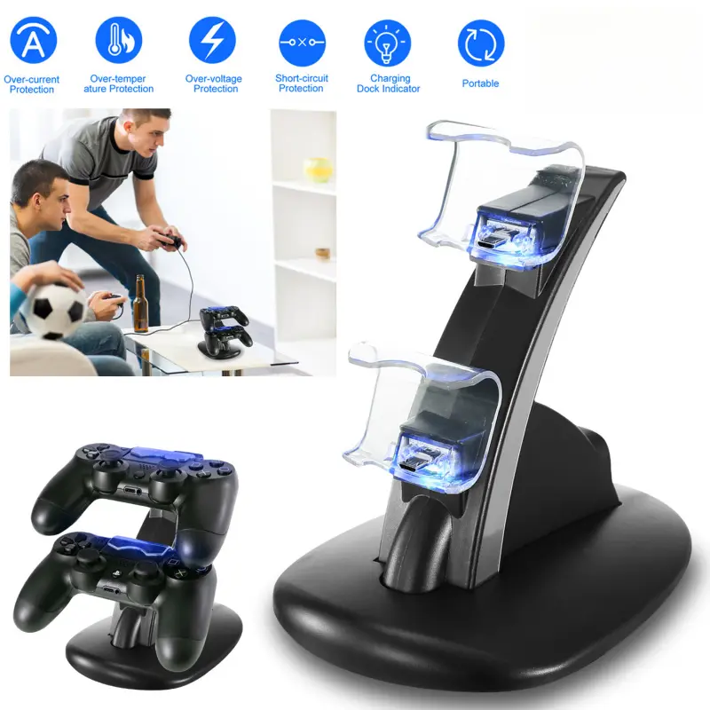 Charging Dock Station Dual Micro USB Charger Stand For PS4 Pro/PS4 Slim Gamepad Controller Handle Charging Station w/ Blue Indicator Game Lovers,summervibes