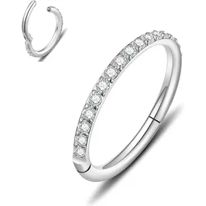 20G, 18G, 16G, 14G Hinged Nose Rings Hoop with Gem in 316L Surgical Steel, Septum Clicker Cartilage Earrings Conch Daith Helix Rook Ear Lobe Piercing Jewelry, Diameter 6mm to 12mm