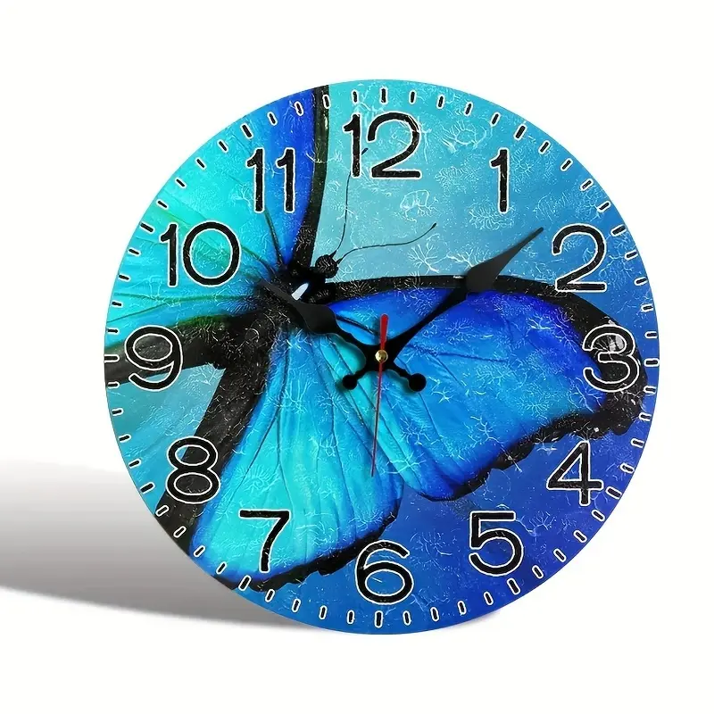 1 piece, 12inch / 30cm, purple butterfly wall clock, silent non-ticking decorative acrylic clock, suitable for home, office, bedroom, living room, school decoration, with a bright blue background