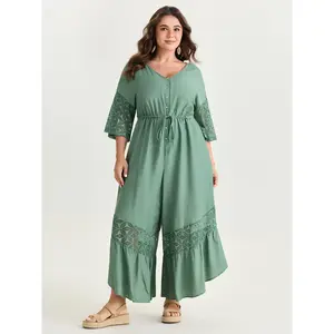 BLOOMCHIC Plus Size Lace Trim Sheer-Sleeve Overalls Jumpsuit, Spandex-Nylon Smooth Garment with Drawstring, Pocket, [M-6X]2026 Summer Vibes