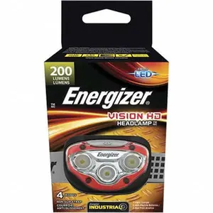 Energizer White LED Bulb with Flashlight Mode - 200 Lumens, Hands-Free Operation, Red & Gray Plastic Body, 3 AAA Alkaline Batteries Included, Model HDBIN32EB
