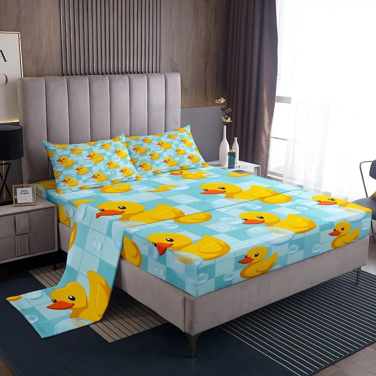 Cute Yellow Duck Bed Sheets Blue Grid Plaid Flat Fitted Sheet Farmhouse Pet Animal Sheet Set Cartoon Ducks Sheets