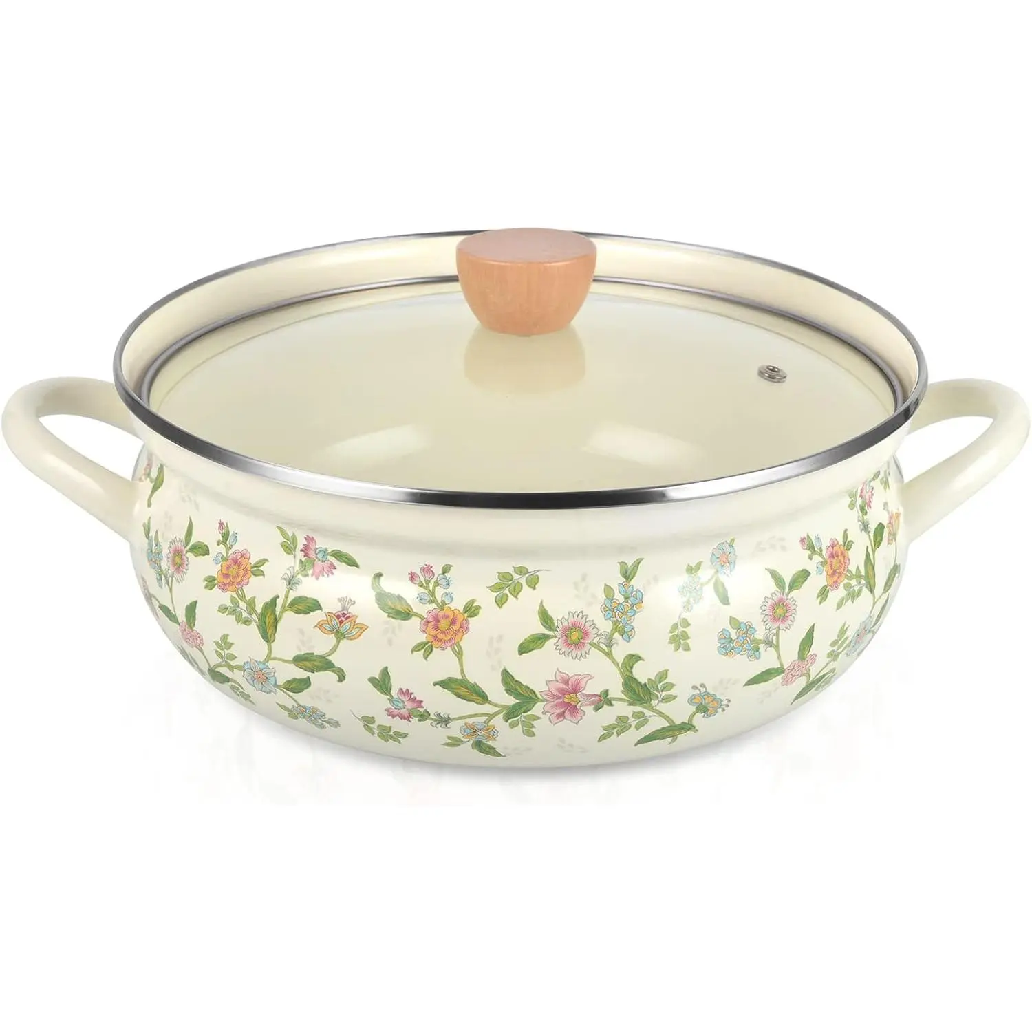 Enamel Stock Pot with Lid, Floral Retro Cooking Pot for Stove Non Stick Soup Pot, Induction Pasta Pot, All Stove Compatible (STYLE1)
