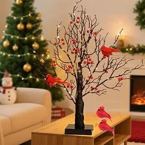 Enchanted Luminary Tree 21 Inch LED Mini White Birch with Cardinals & Berries for Festive Home Xmas Decor USB Powered Warm White Lights 1pc Decoration Traditional Gift Wedding
