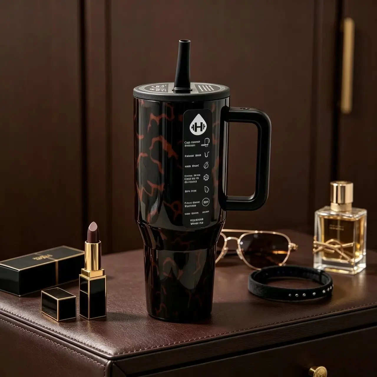 40oz HydroJug Stainless Steel Vacuum Flask - Glossy BlackBase Leopard Print Vintage Tall Cylinder Tumbler (1,000-2,000 ml), 24hr Cold Retention, Spill-Proof Straw Lid,Portable Animals-Themed Drinkware for Gym-Office Use,Stylish Gym Stuff freesip flip lock