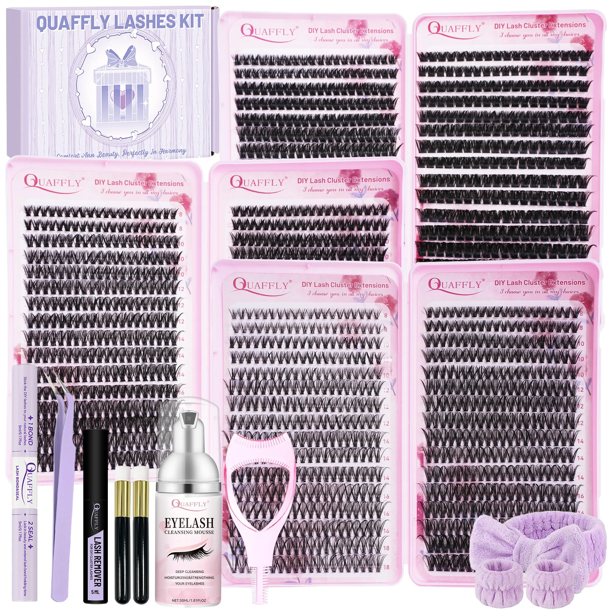 Lash Clusters Kit for Beginners 30D+40D+50D+60D+80+100D D Curl 8-18mm DIY Lash Cluster Eyelash Clusters Kit With Lash Bond&Seal Remover Cleansing Mousse Lash Tweezers brush*2 Headband Wristband Mascara Shield Lash Clusters Extension