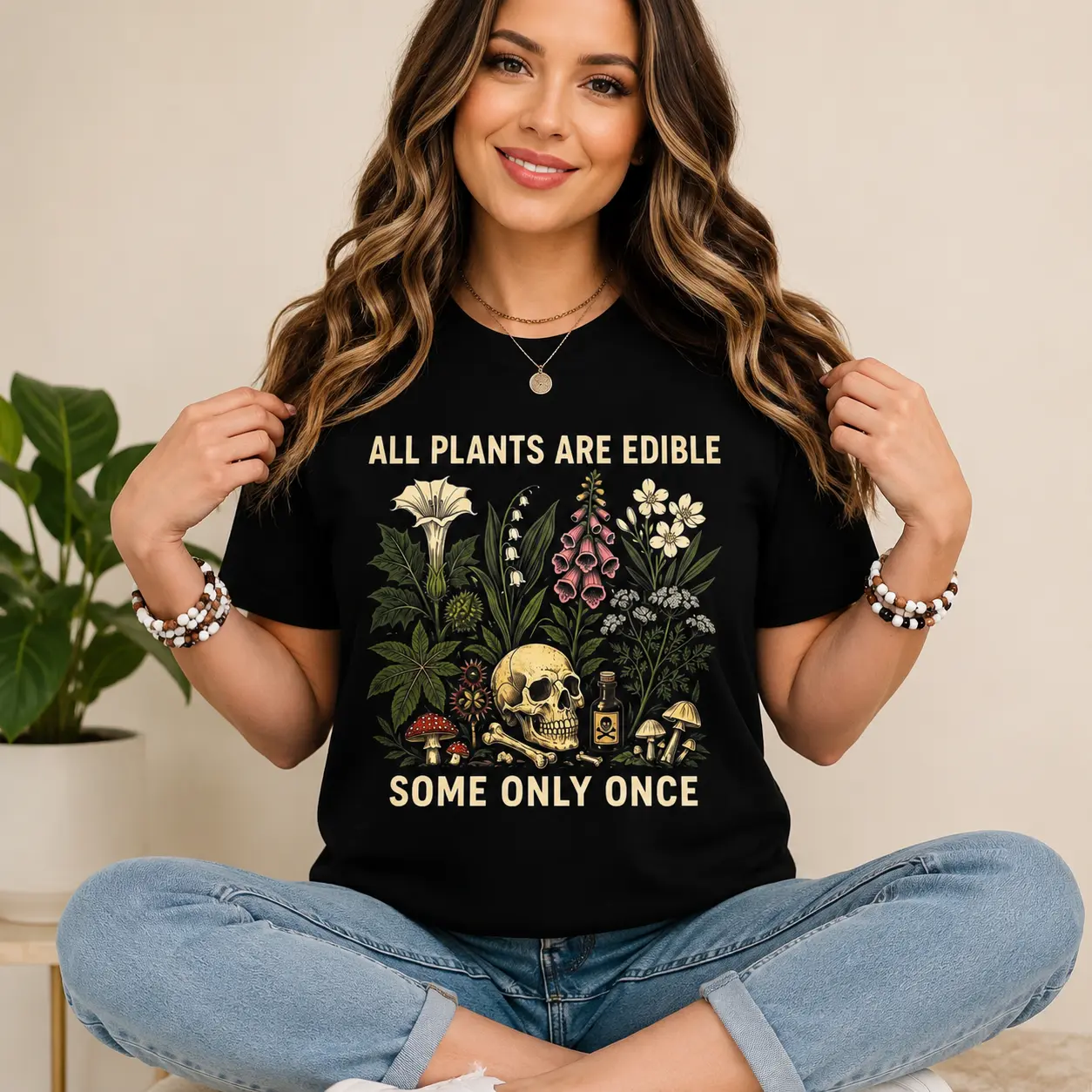 All Plants Are Edible Some Only Once T-shirt, Funny Gardening Tee, Dark Botanical Graphic T-shirt, Gothic Plant Lover Shirt