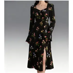 Women's Floral  A-Line Dress | Wrap Neck Long Sleeve Flowy Mini