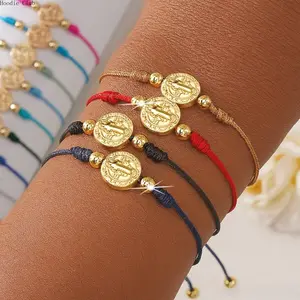 Women's Colorful Braided Rope Sports Wristband - Vintage Handmade Adjustable Boho Jewelry with Coin Charm Pendant, for Casual Daily Wear & Beach Travel