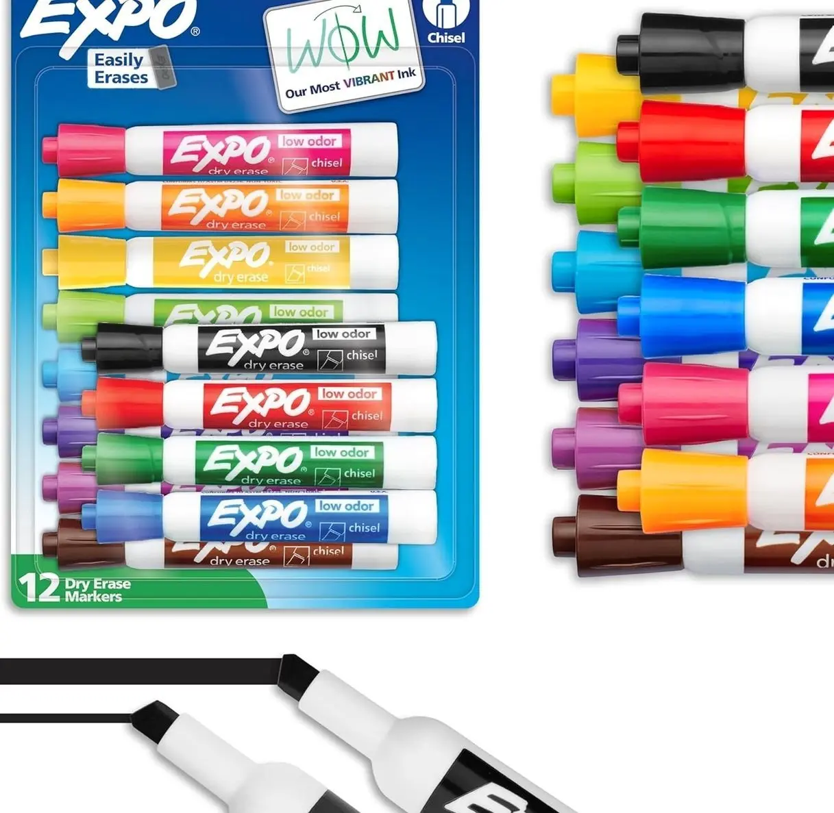 EXPO Dry Erase Markers, Low Odor Ink, Assorted Colors, Chisel Tip, 12 Count