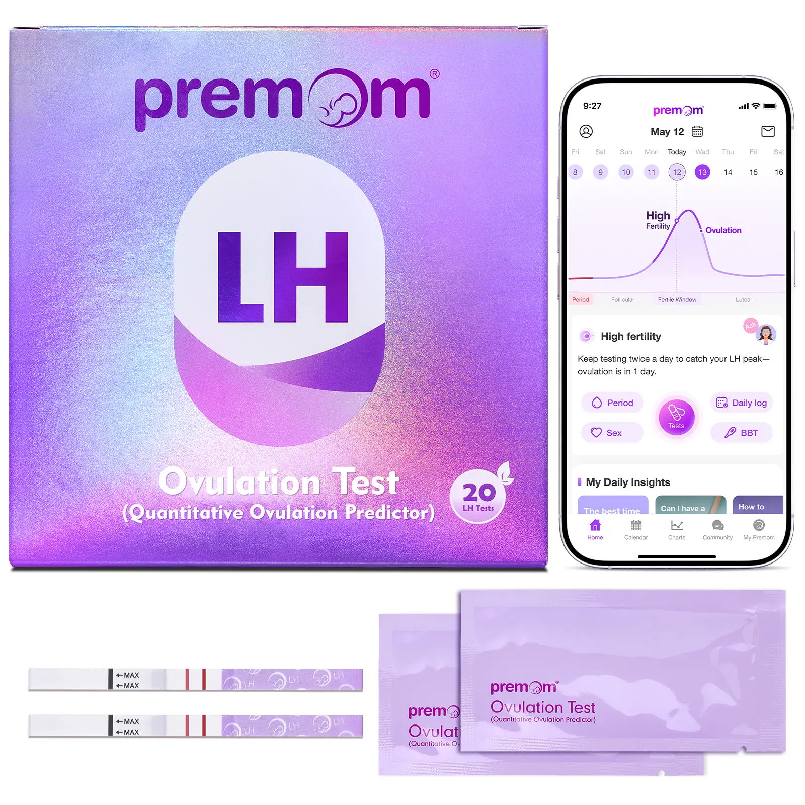Premom Quantitative Ovulation Test Strips, 20 LH Test, Ovulation Predictor Kit with Smart Digital Ovulation Reader APP, Numerical Ovulation Tests for TTC Women