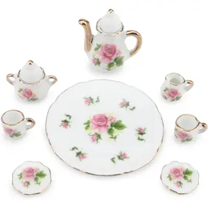 Dollhouse 1:6 Porcelain Tea Cup Sets 8 Pcs Set Miniature Ceramics Dollhouse Accessories Flower Pattern Teapot Platter Dish Sets Dollhouse Kitchen Supplies Decoration (Little Rose)