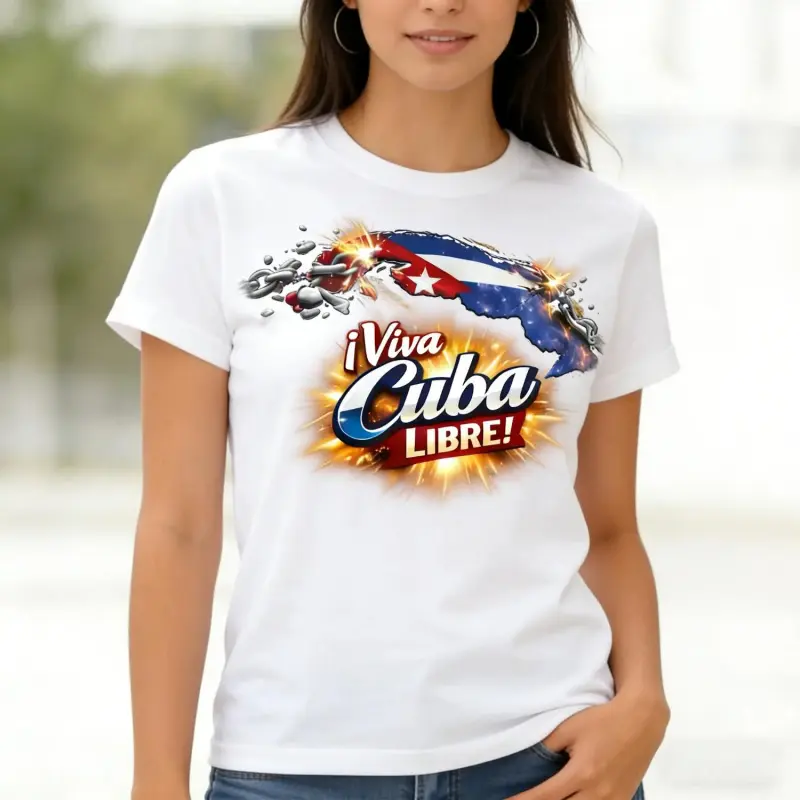 Men's & Women's Round Neck Shortsleeve Viva Cuba Libre Bold Slogan T-Shirt - White Sports Casual Top with Cuban Flag Print, Streetwear Clothing