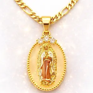 14K Gold Plated Guadalupe Pendant Oval Figaro Rope Cuban Link Chain Necklace - Brass Cubic Zircon Material - Religious Piece