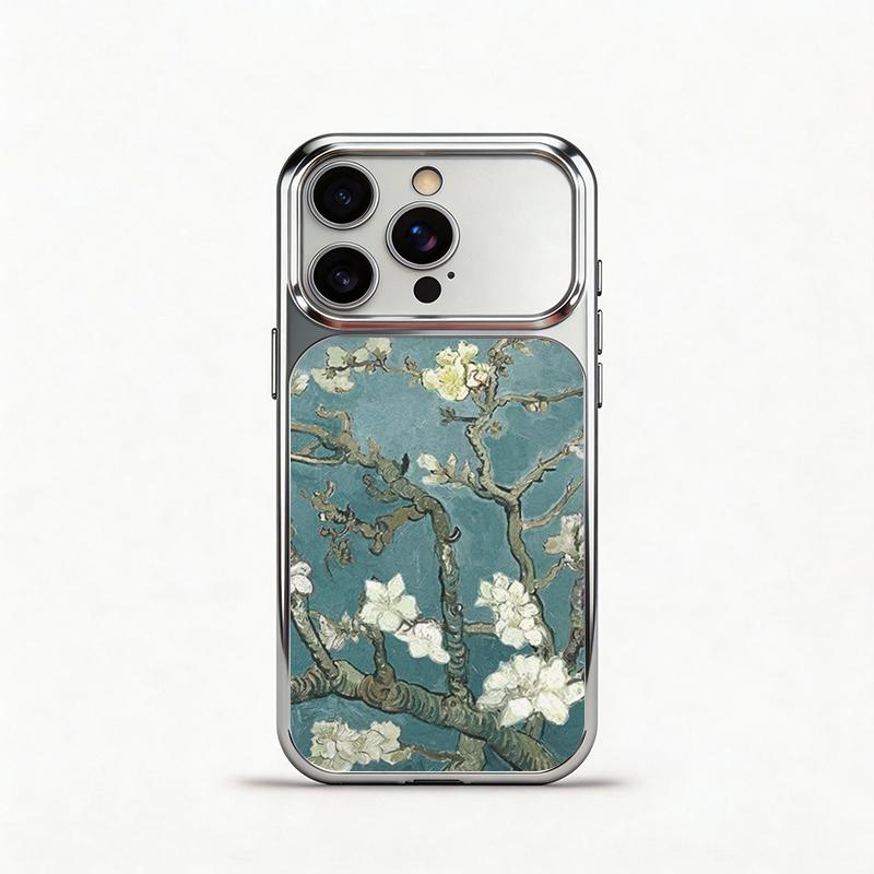 Glass Shockproof Electroplated Silver/Black Branch Flower Oil Painting iPhone 17ProMax Cover Precise Hole Alignment For Lens Frame 15ProMax Anti-yellow | 14ProMax Anti-fall | 13ProMax Ultra-thin Design 16ProMax AirPhoneCase