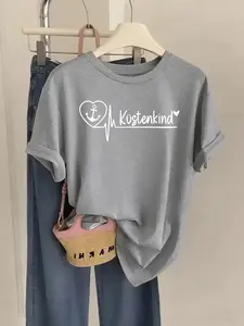 Women's Crew Neck Short Sleeve Tee Küstenkind Anchor Heart Print Multiple Colors Available Oversized Flattering Fit Soft Breathable Cotton Blend Washable No Shrink No Fade All-Season Versatile Base Tee for Commute Date Daily Casual