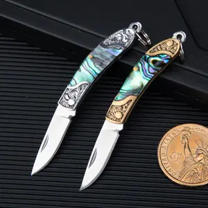 Mini Keychain Folding Knife with Abalone Shell Handle, Exquisite Engraved Pocket Utility Cutter, Small Stainless Steel Blade for Daily Use & Crafts