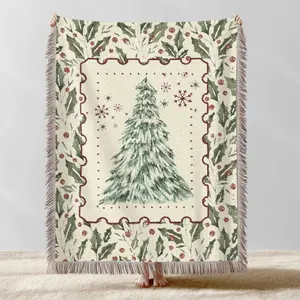 Vintage Christmas Woven Blanket, Festive Xmas Tree Cotton Throw, Christmas Holiday Wall Tapestry, Winter Throw Blanket Gift, Farmhouse Xmas